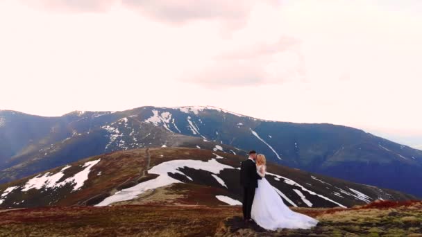 素晴らしい空中の景色花嫁は新郎に近づきます 白いウェディングドレスを着て 美しい山の風景の中に立っています 結婚式のカップル抱擁とキス 雪に覆われた岩の上 — ストック動画