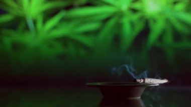 Kapatın. Esrar tepsisi ve sigara içme etkinliği. Elle sarılmış sigara içilir. Yanmış marihuana puro dükkanı kül tablası tezgahı. Yeşil kenevir yapraklarından oluşan bir arka planda duman. 