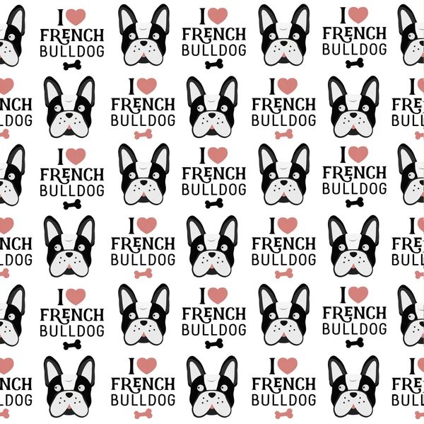 Eu amo o padrão sem emenda Bulldog francês com texto no estilo Vintage —  Vetores de Stock