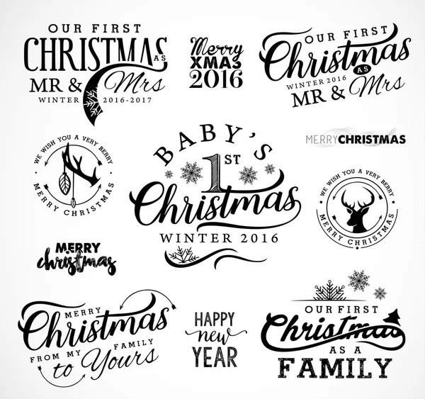 First Christmas as Family, Baby, Mr & Mrs Christmas Design Elements in Vintage Style on White Background (en inglés). Plantilla de tipografía para tarjetas de felicitación e invitaciones — Vector de stock