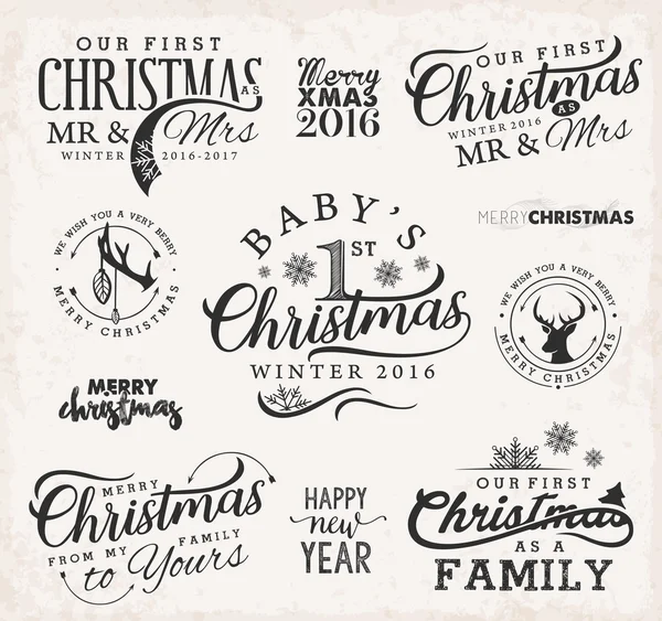 First christmas as family, baby, mr & mrs christmas design elemente im vintage style. Typografie-Vorlage für Grußkarten und Einladungen auf beigem Grungy-Hintergrund — Stockvektor