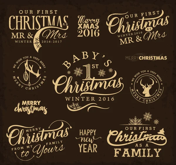 First Christmas as Family, Baby, Mr & Mrs Christmas Design Elements in Vintage Style sobre fondo marrón. Plantilla de tipografía para tarjetas de felicitación e invitaciones — Vector de stock