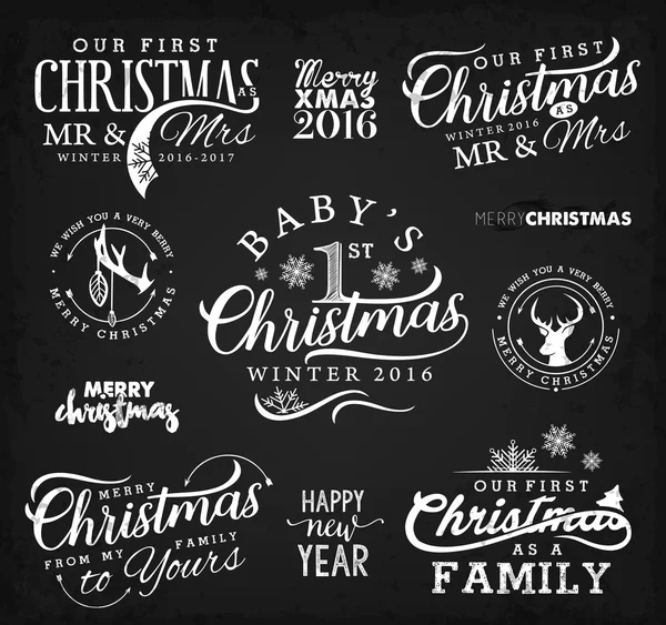 Первое Рождество как семья, ребенок, мистер и миссис Рождественский дизайн Элементы в винтажном стиле на доске. Типографический шаблон для поздравительных открыток и приглашений — стоковый вектор