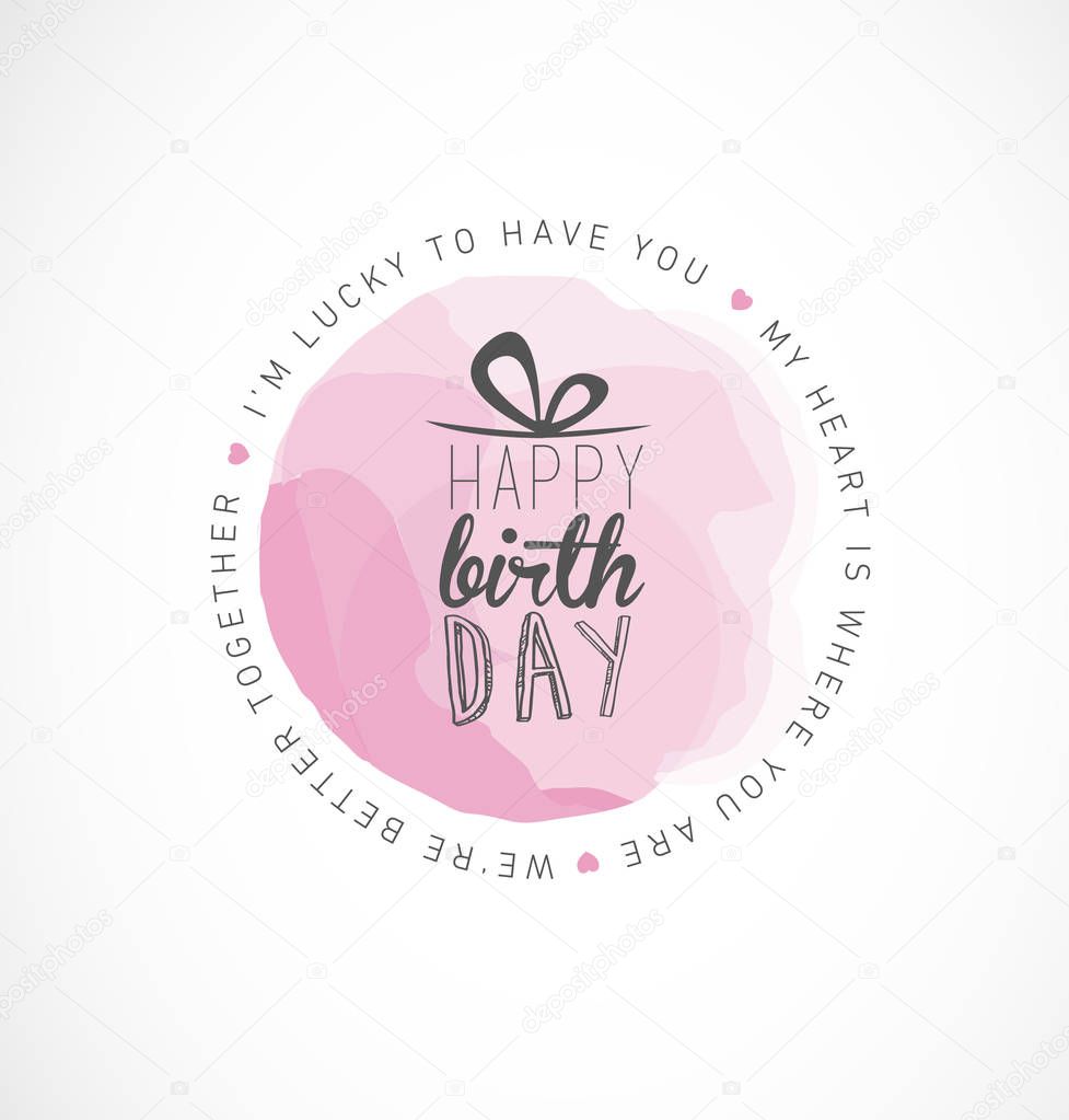 Happy Birthday Typography Design with Pink Watercolor Element for Greeting Card