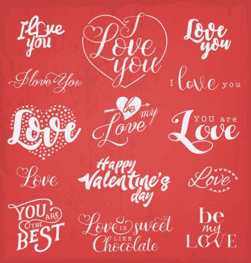 Kırmızı Pastel Grungy arka plan üzerinde Vintage tarzı Sevgililer günü tipografi tasarım öğeleri tebrik kartı için ayarla