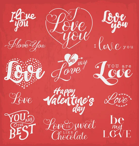 Valentinstag-Typografie-Designelemente für Grußkarten im Vintage-Stil auf rotem Pastell-Grungy-Hintergrund — Stockvektor