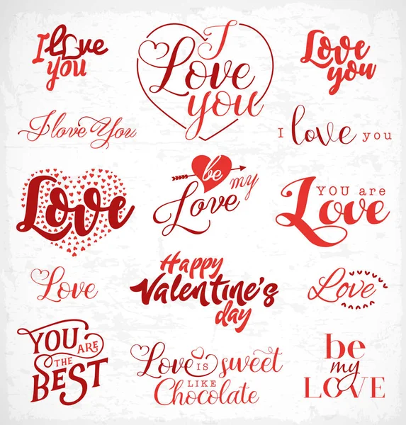 Den svatého Valentýna červené typografie prvky pro pohlednice v retro stylu na Grungy pozadí — Stockový vektor
