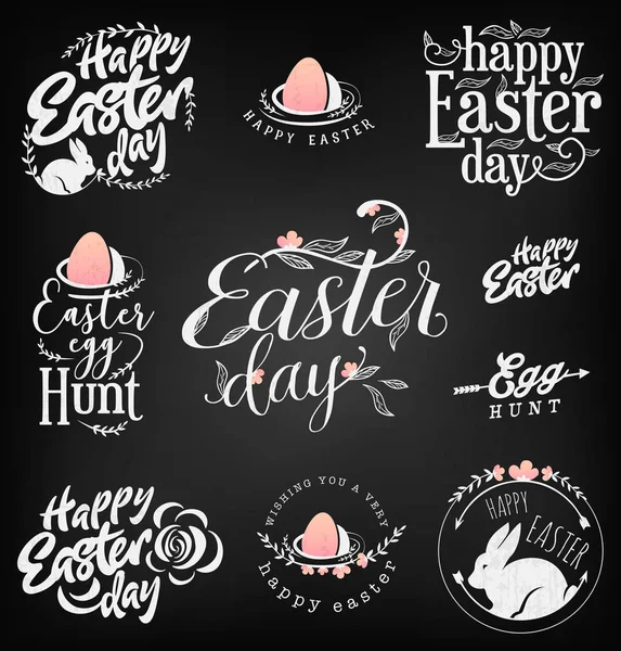 Easter Greeting Card Elements, Labels and Badges in Vintage Style. Rose Gold Easter Egg Design Elements on Chalkboard — Stock Vector