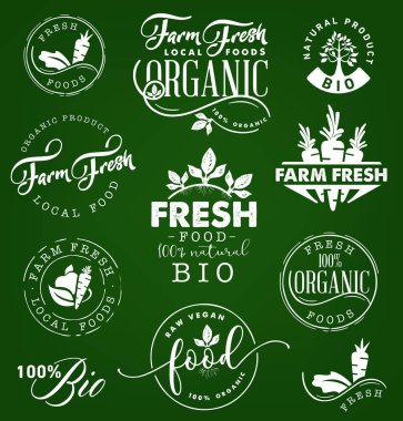 Çiftlik taze, organik ve biyolojik gıda etiketleri, rozetleri ve tasarım öğelerini Vintage tarzı