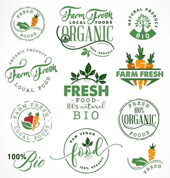 Farm Fresh, Organic and BIO Etiquetas de alimentos, insignias y elementos de diseño de estilo vintage — Vector de stock