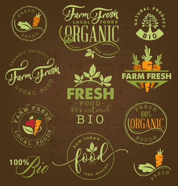 Çiftlik taze, organik ve biyolojik gıda etiketleri, rozetleri ve tasarım öğelerini Vintage tarzı