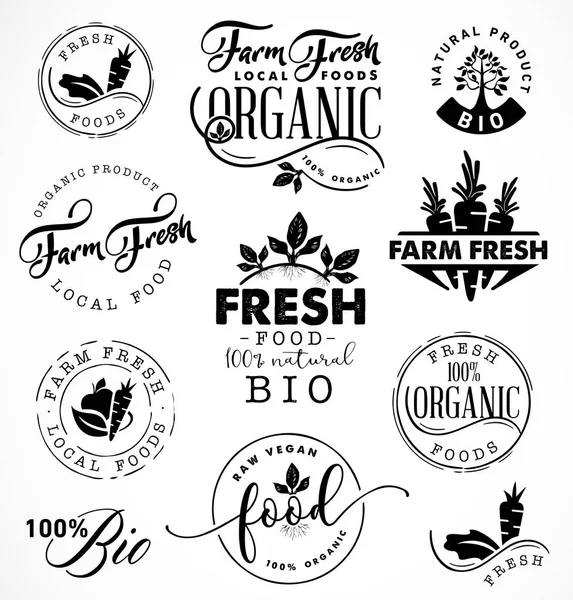 Farm friss, organikus és Bio élelmiszerek címkéin, jelvények és a Vintage stílusú Design elemek — Stock Vector