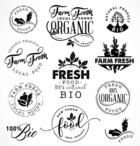 Farm Fresh, biologische en Bio voeding etiketten, insignes en ontwerpelementen in Vintage stijl — Stockvector