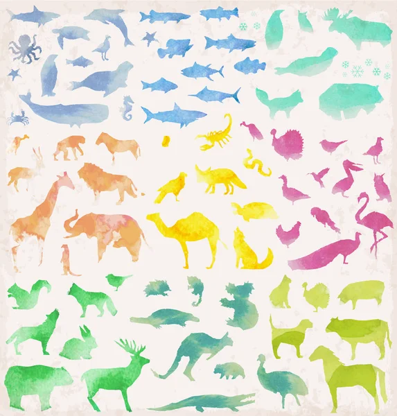 Soyut suluboya Savannah, deniz, orman, çiftlik, çöl, Avustralya ve Kutup hayvanları vektör çizimler ayarla