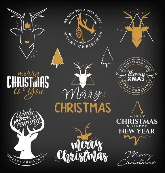 Typografische kerst ontwerpelementen, minimale illustraties en Badges op donkere achtergrond — Stockvector