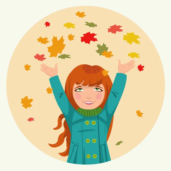 Little girl throws up autumn leaves — Stock Vector