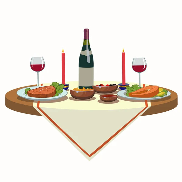 Świątecznym stole z winem i i pyszne jedzenie — Wektor stockowy