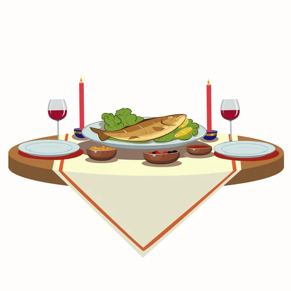 와인과 생선 휴일 테이블 — 스톡 벡터