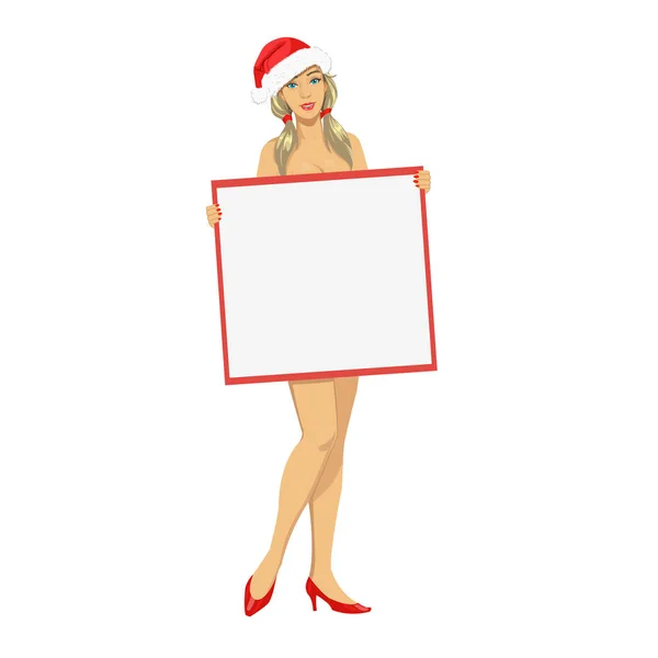 Девушка в рождественской шляпе с пустым плакатом — стоковый вектор