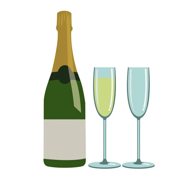 Botella de champán y copas — Vector de stock