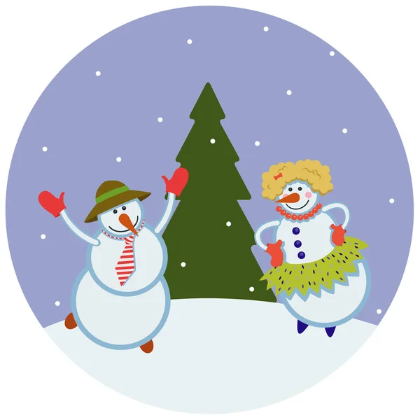 Muñecos de nieve bailando divertido — Vector de stock