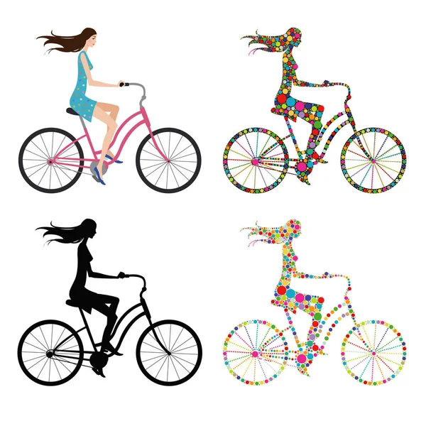 Chica Joven Montando Bicicleta Conjunto Cuatro Ilustraciones — Vector de stock