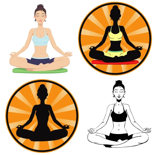 Girl Engaged Meditation Sitting Lotus Position Set Four Illustrations — Stock Vector