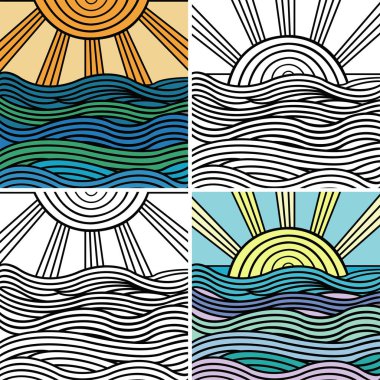 Dekoratif soyut dalga vektör ve güneş süs. Dört illüstrasyonlar kümesi