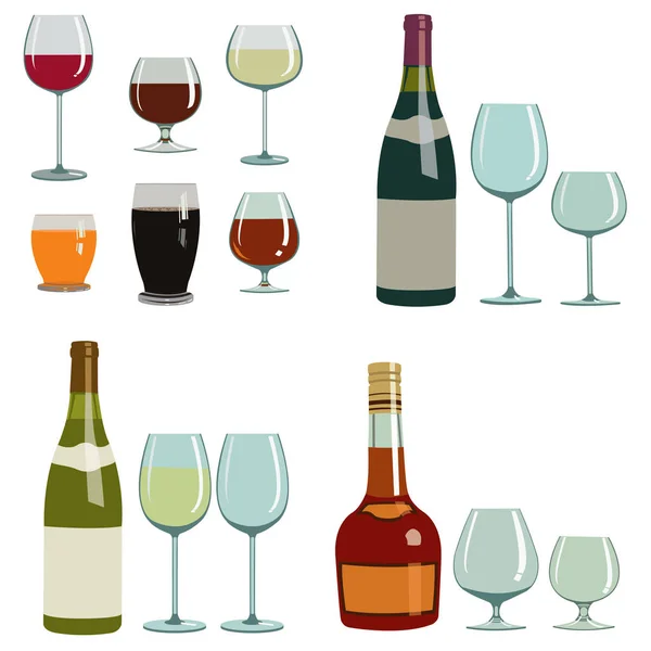 Verschiedene Alkoholische Getränke Und Gläser Set Mit Vier Abbildungen — Stockvektor