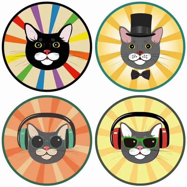 Drôle Chat Dessin Animé Dans Cercle Ensemble Quatre Illustrations — Image vectorielle