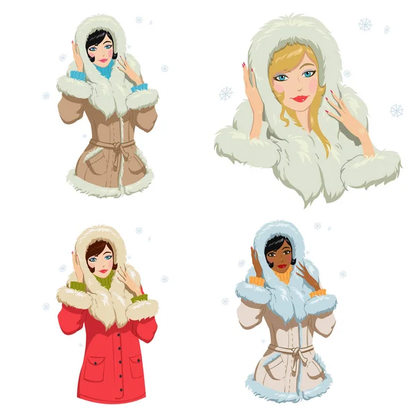 Kış Giysileri Güzel Kızı Dört Illüstrasyonlar Kümesi — Stok Vektör