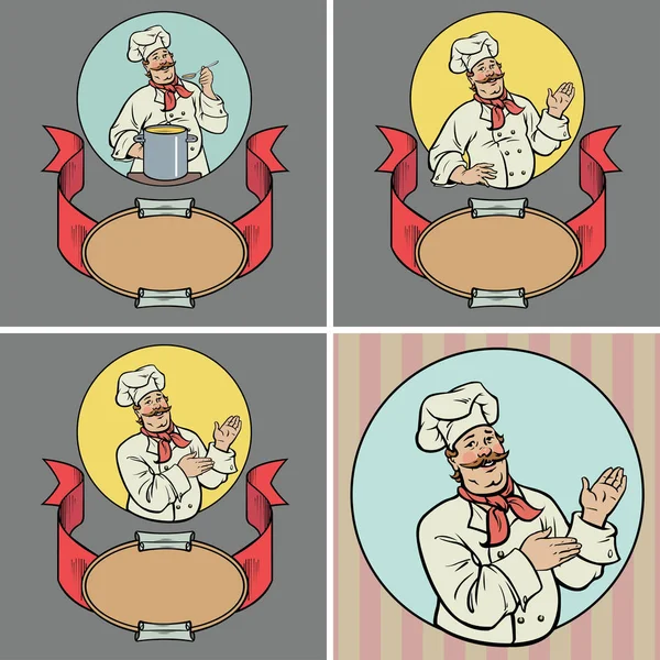 Allegro Chef Emblem Set Quattro Illustrazioni — Vettoriale Stock