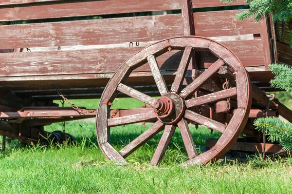 An old cart for transportation on green grass close-up — Stock Photo, Image