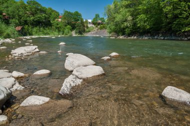 Dağ manzarası, orman ve nehir hızlı dağ. Bir dağ nehir ile güzel sahne