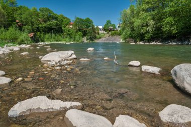 Dağ manzarası, orman ve nehir hızlı dağ. Bir dağ nehir ile güzel sahne