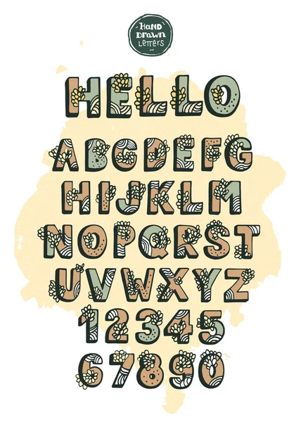 Elle çizilmiş Büyük harf harfleri ve gölgeli rakamlar Grunge açık sarı arka planı üzerine çiçek ve organik elementlerle süslenmiş.