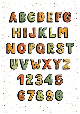 El çizimi Büyük harf harfleri ve karışık renklerde gölgeli numaralar, noktalarla süslenmiş.