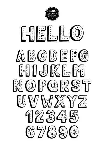 Elle çizilmiş siyah ve beyaz alfabe harfleri ve gölgeli numaralar, noktalarla süslenmiş.