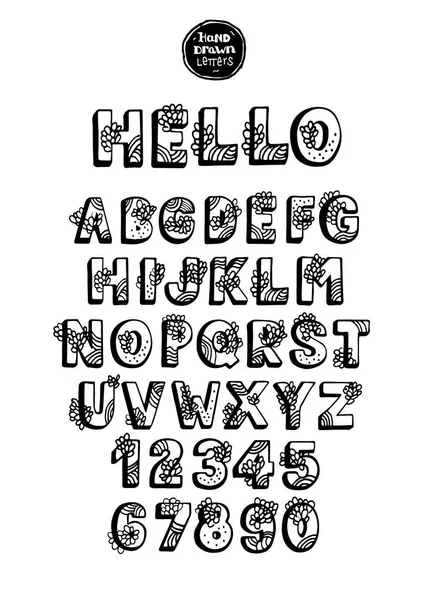 Hand Drawn Black White Uppercase Alphabet Letters Numbers Shadows Decorated — 스톡 벡터