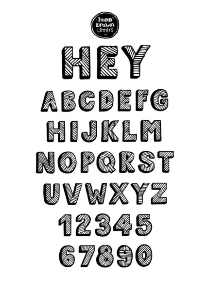 Hand Drawn Black White Uppercase Alphabet Letters Numbers Shadows Decorated — 스톡 벡터