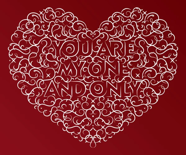 Sen benim tek sevgililer günümsün. Süslü vektör kalp şekilli tipografi tasarımısın. Değişken felçli ve kırmızı arkaplanlı.