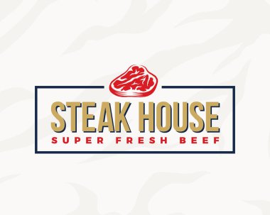 Steak House tipografi etiket, amblem veya Logo şablonu. Premium Kalite Vintage et işareti. Arka plan ile kasaplık simgesi