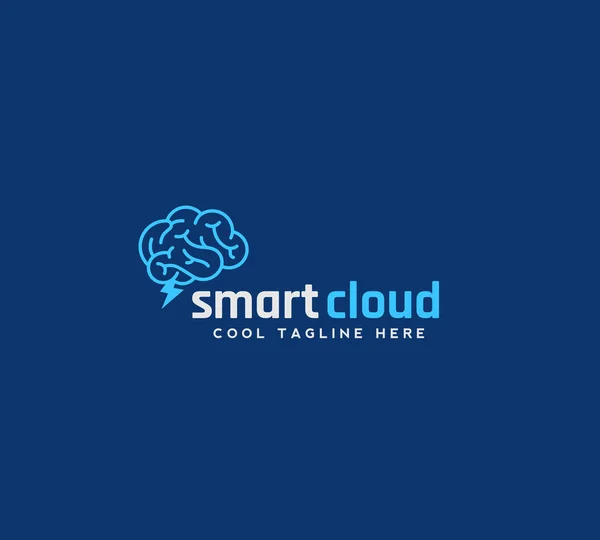 Smart Cloud abstrakte Vektoremblem, Zeichen oder Logo-Vorlage. Gehirn mit Schneesturm-Silhouette-Konzept auf blauem Hintergrund. — Stockvektor