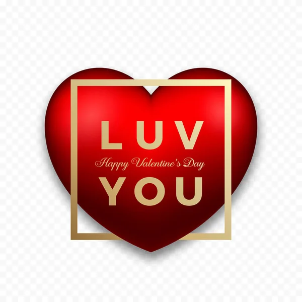 Love You Red Premium Vector Heart em fundo transparente com sombras suaves. Tipografia moderna dourada Valentine Day Greetings in a Frame. Cartão de classe ou Cartaz . — Vetor de Stock