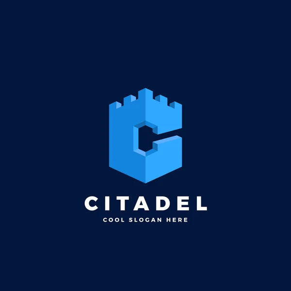 Citadel, kasteel of toren in de vorm van de Letter C. Abstract Vector teken, embleem of Logo sjabloon. — Stockvector