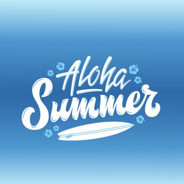 Aloha sörf soyut vektör el tebrik Gard, işaret veya Poster yazı yaz. Sörf tahtası ve Hawaii çiçek dekorasyon ile. Mavi degrade arka plan