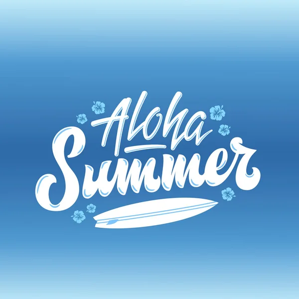 알로하 여름 서핑 추상적인 벡터 핸드 레터링 인사말 두 가드, 기호 또는 포스터. 서핑 보드 및 하와이 꽃 장식. 블루 그라데이션 배경 — 스톡 벡터