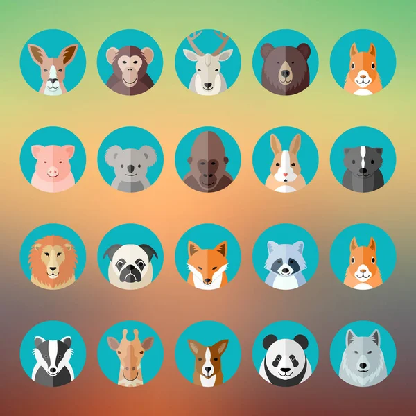 Flat Style Vector Animal Portraits or Avatars Icon Set with Blurred Abstract Background - Stok Vektor