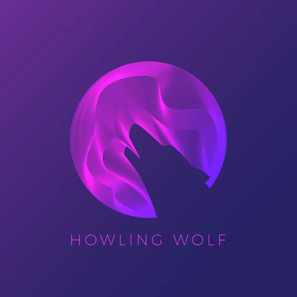 Wolf Silhouette aullando en la luna. Plantilla moderna abstracta del logotipo, muestra del vector o ilustración de la línea . — Vector de stock