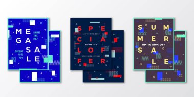 Sale Posters, Cards or Flyer Template Set. Abstract Swiss Style Background with Decorative Elements, Creative Typography. Soft Realistic Shadows. clipart